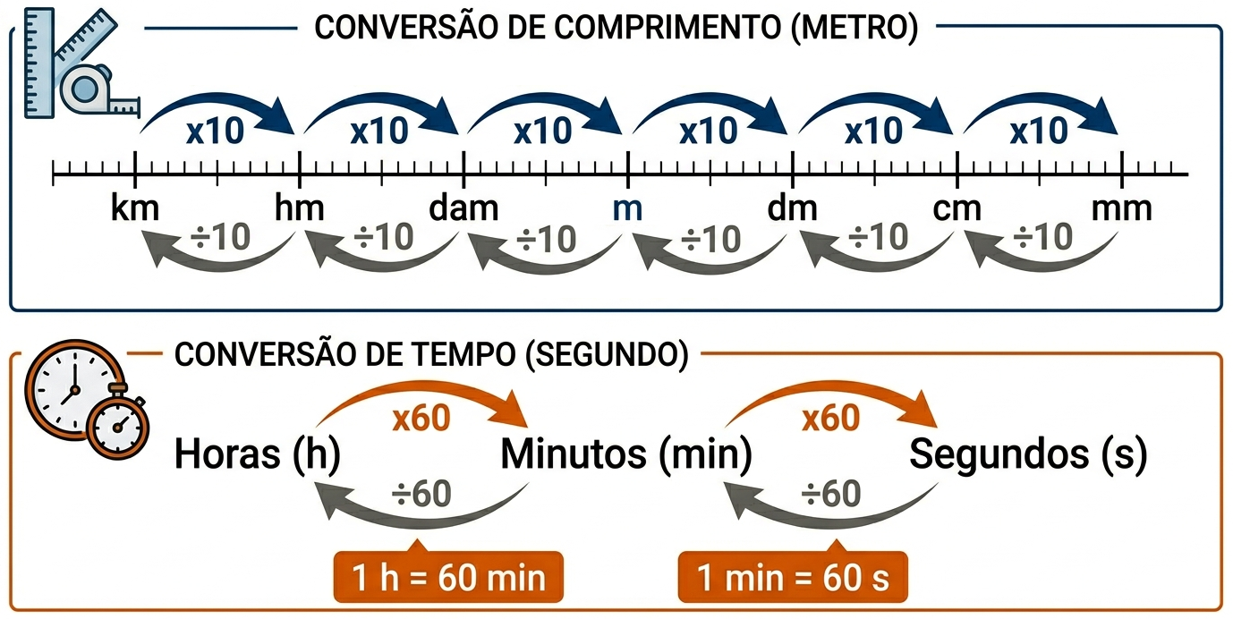 Esquema de conversão de unidades de comprimento e tempo.