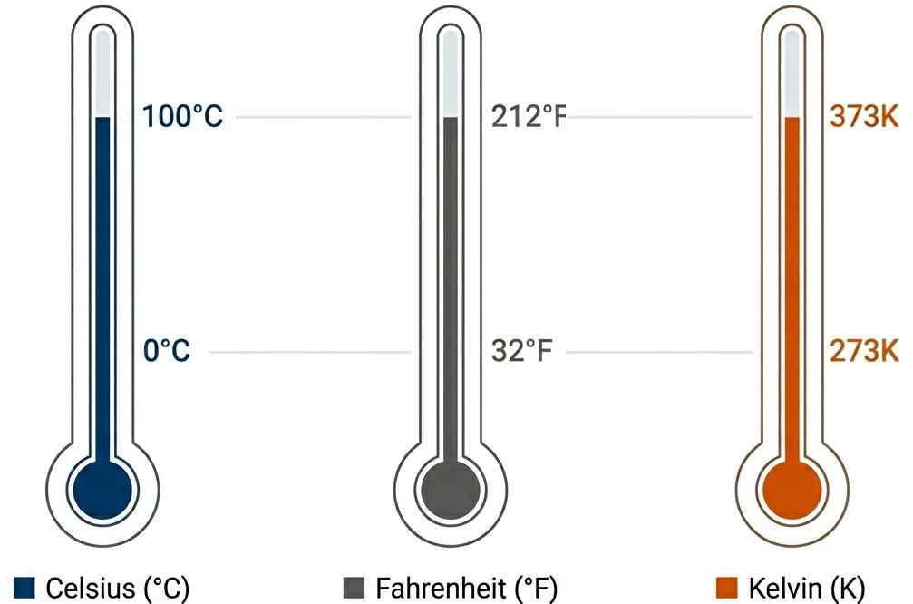 Comparação entre as escalas Celsius, Fahrenheit e Kelvin nos pontos de gelo e vapor.